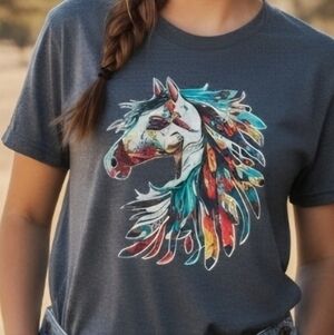 Native Spirit Horse Graphic Tee • Boho Western Shirt • Colorful Horse Art Top